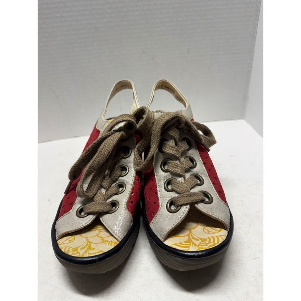Fly London Yala Red White Leather Lace Up Wedge Sandals P501026008 Size 37 6.5 - Picture 2 of 10